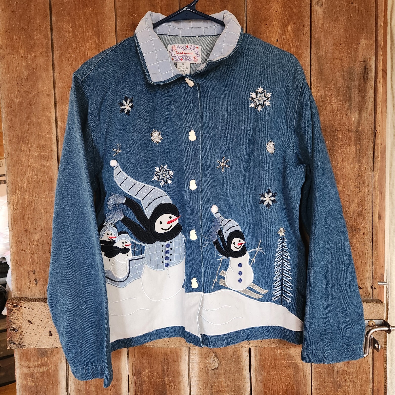 Vtg Denim Snowman Jacket Shacket Winter Kitschy Grandmacore Quirky Art Teacher