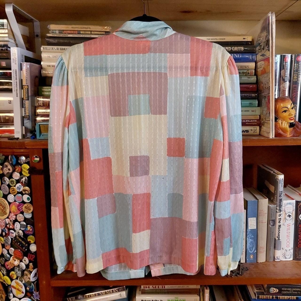 Vintage 1980s made in USA pastel button up with ribbon neck detail