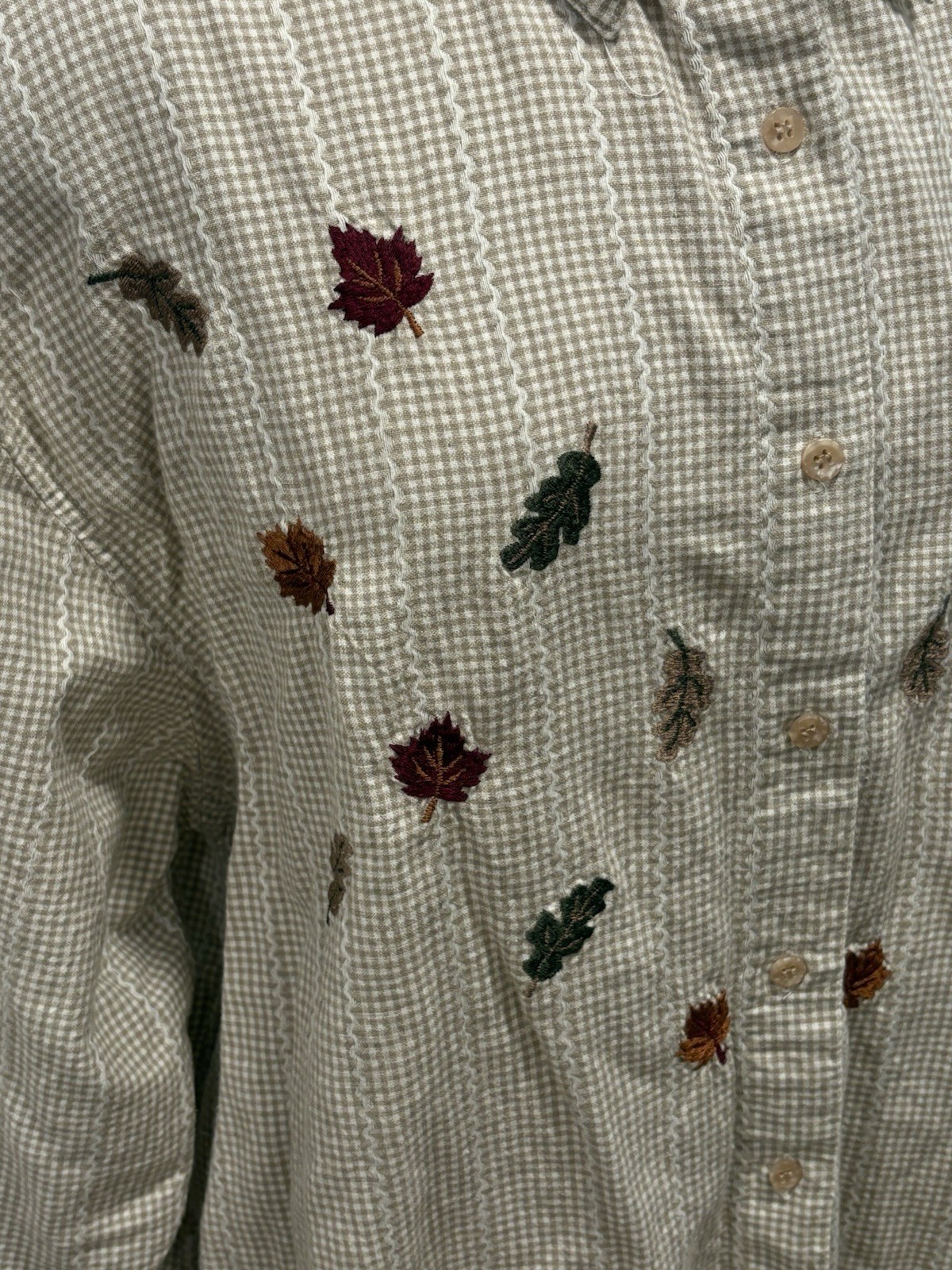 Vintage Embroidered Plaid Button Up Shirt Sz 2X Gingham Leaves Fall Teacher