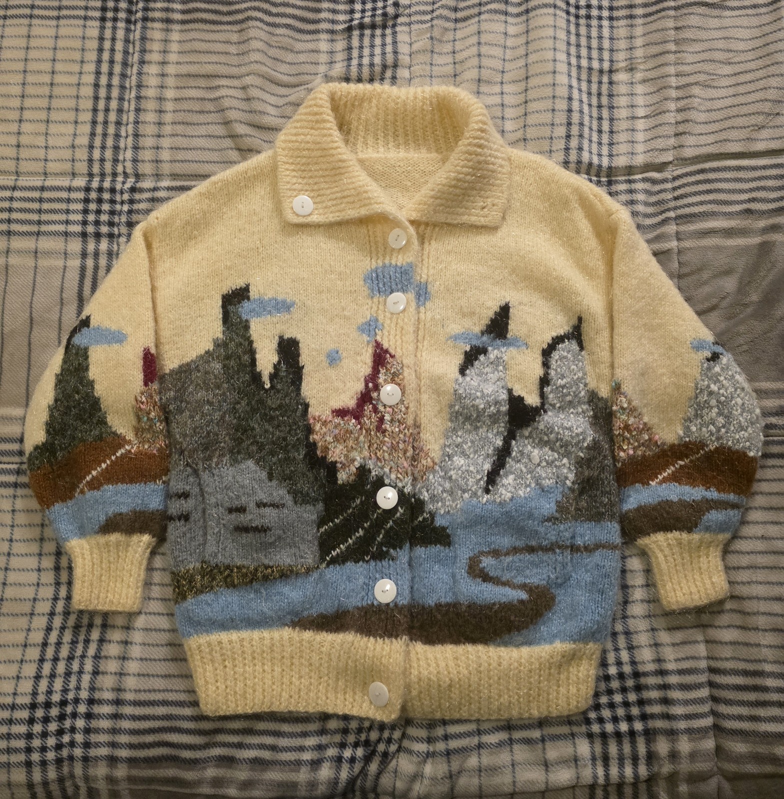 Vtg 70s Hand Knit Fuzzy Acrylic Cardigan Sweater Mountain Landscape Womens Large