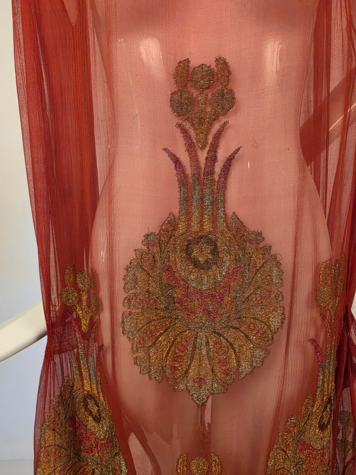 FLAPPER 1920’S RUST RED SHEER SILK CHIFFON DRESS W STAR GOLD LAME BROCADE DETAIL