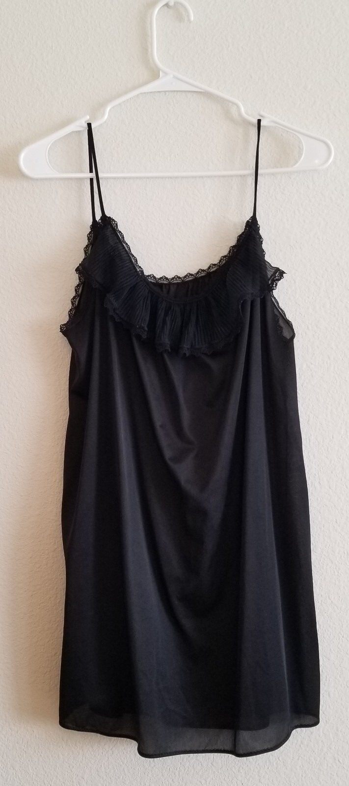 Sears 1980s Nightie Slip Black Ruffled Trim Lingerie Nightgown Medium 12-14 VTG