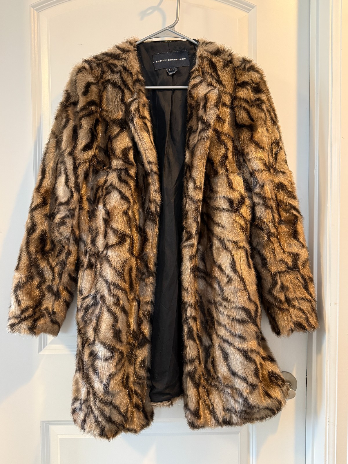 UK Style French Connection Faux Fur Print Coat Jacket Women Size: US6 UK10 FR38