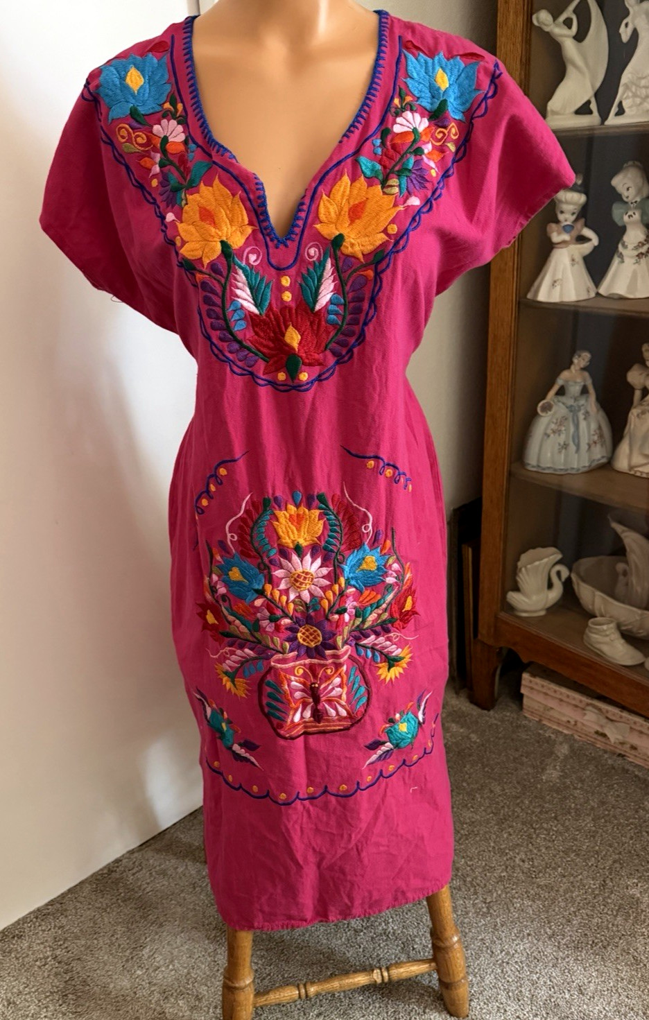 VTG 70s PINK W/ EMBROIDERY & TIE BELT COTTON RETRO MEXICAN FRIDA DRESS S-M