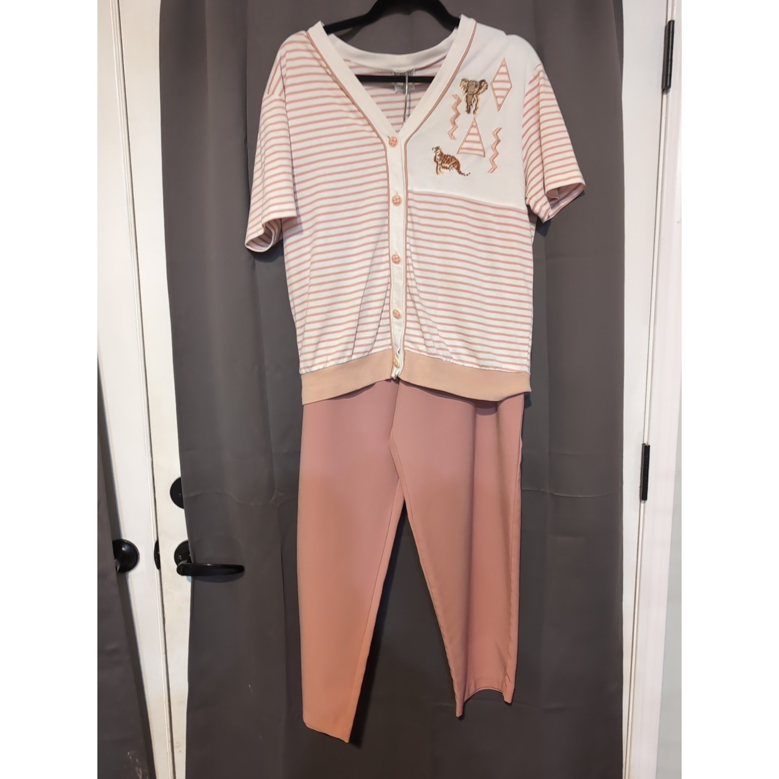 A Leen Petite Safari Embroidered Striped Cardigan & Pants Set, Vintage Women&rsquo;s S