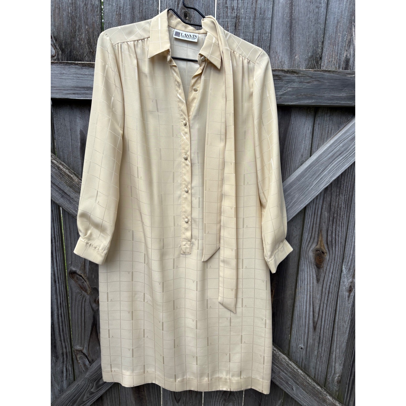 Vintage Lanvin Paris New York Beige Jacquard Logo Tie Waist Shirt Dress Size 10
