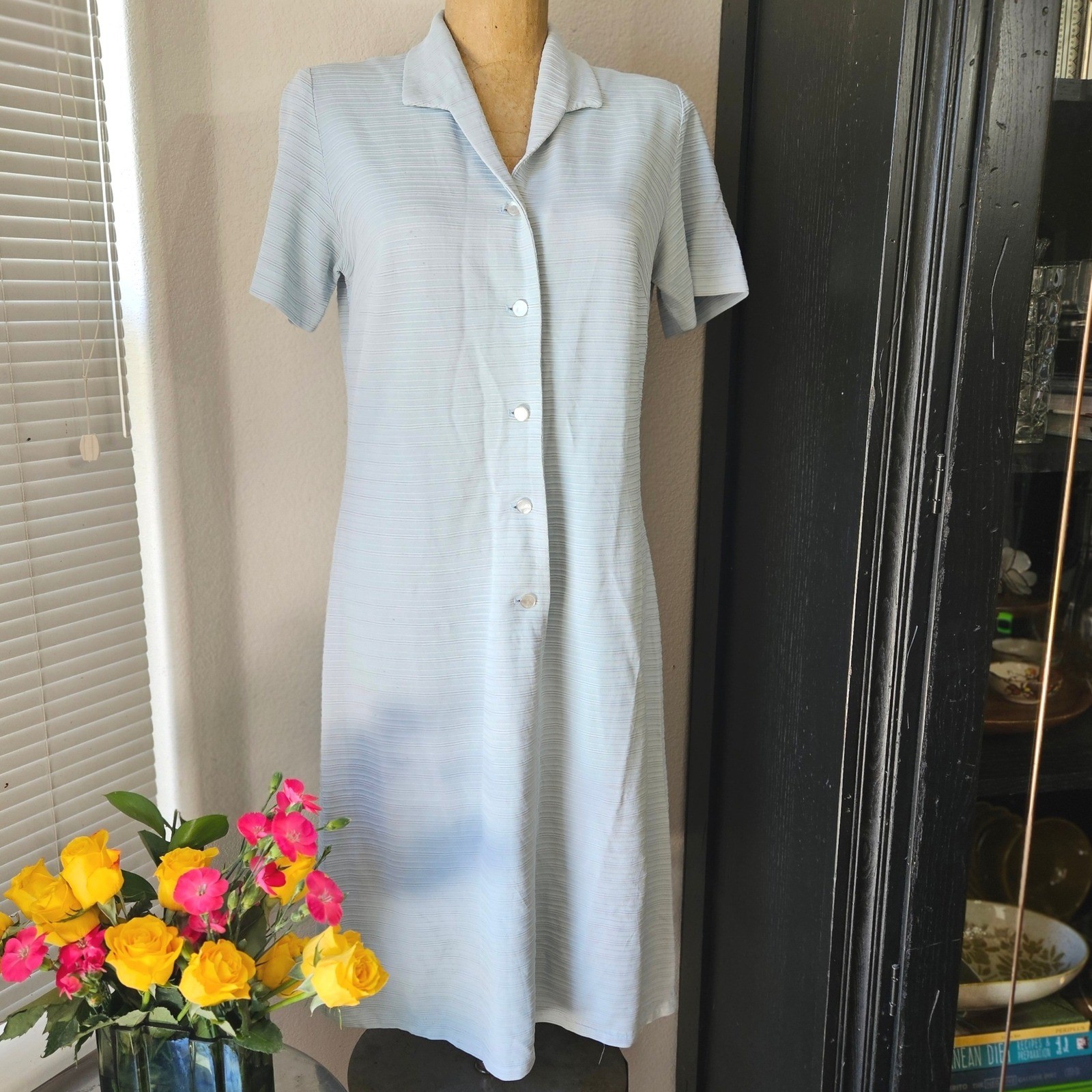 Vtg Carol Brent Montgomery Ward Blue Ribbed Button Front Shift Dress Mid-Length