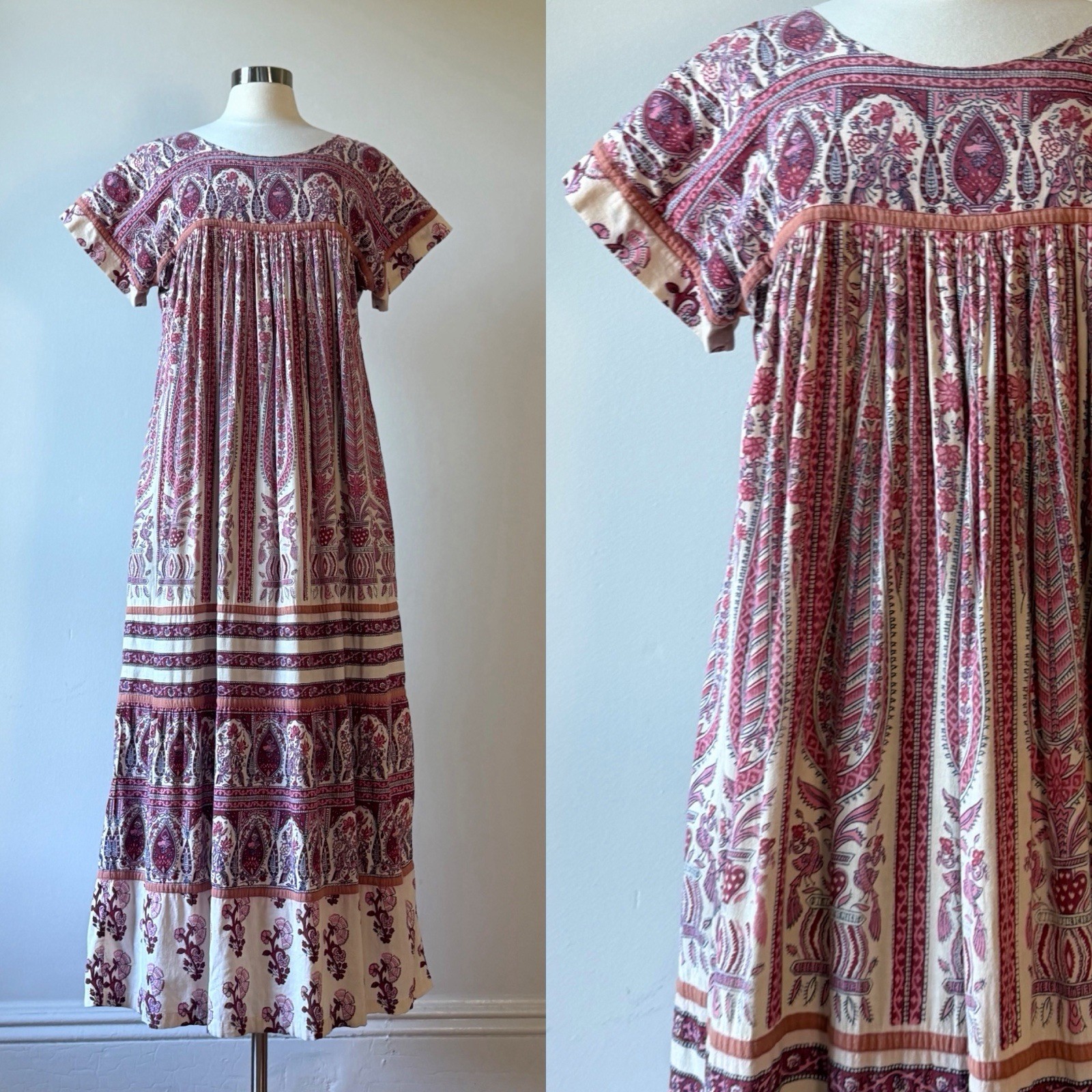 Vintage 70s Indian Block Print Tiered Maxi Dress Made for Bloomingdales M