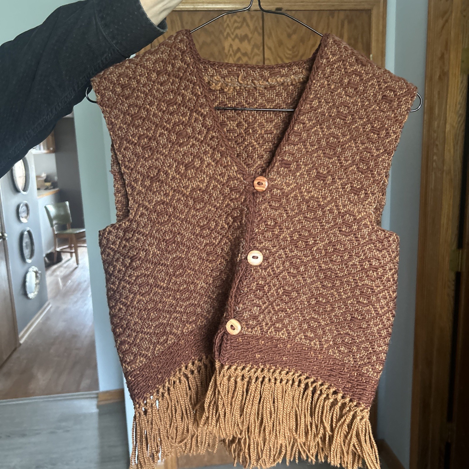 Early 1970s Hand Knit Wool Copper & Brown Fringed Vest