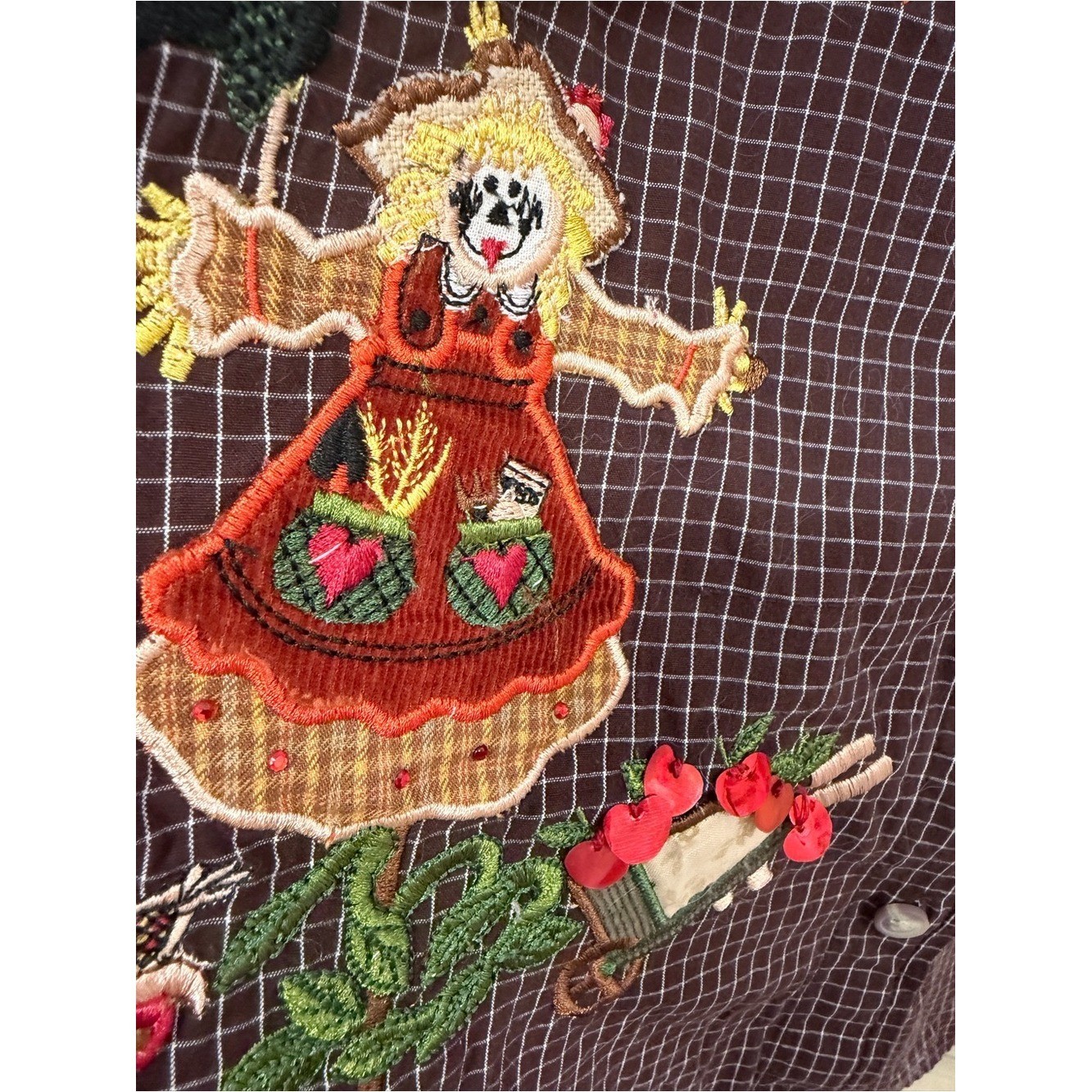 Vtg fall pumpkin scarecrow Plaid Button-Up Shirt plus 26 28W embroidered