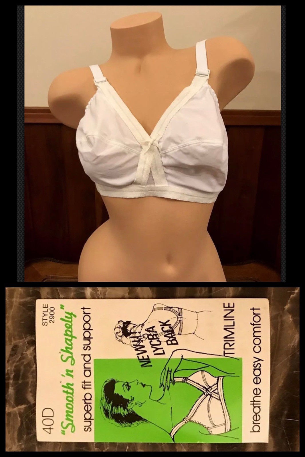 Vintage Bra Support Nylon Wide Strap White Lycra Spandex Smooth 1970s NEW Sz 40D