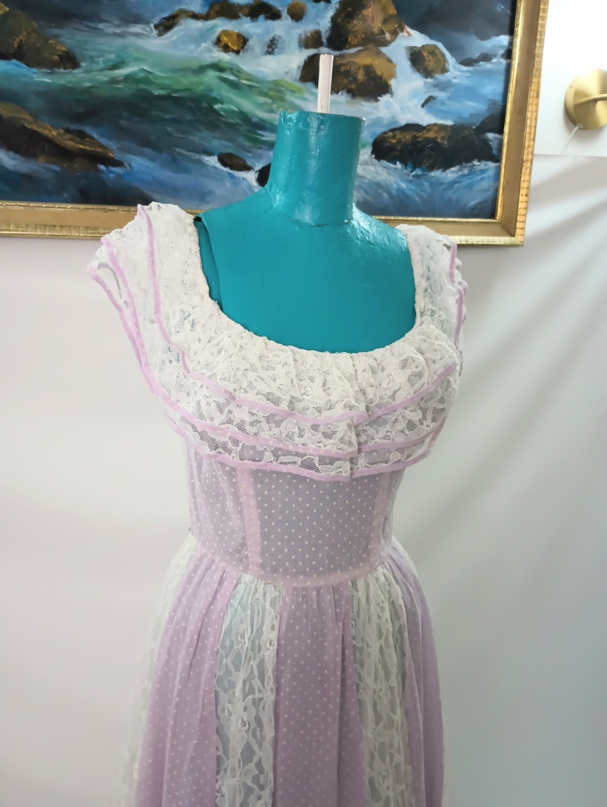 Soft Purple Lilac Cottagecore Polka Dot And Lace Vintage 1970s Dress Small XS