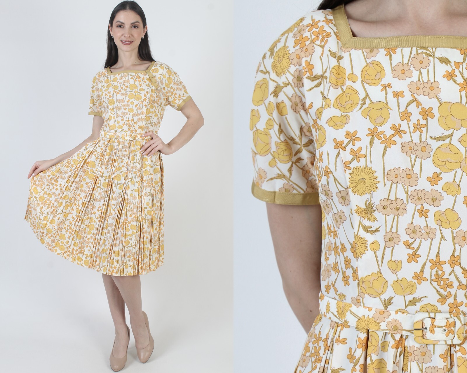 Vtg Dauphine By L&rsquo;Aiglon Dress Belted Yellow Spring Floral Rockabilly Atomic MCM