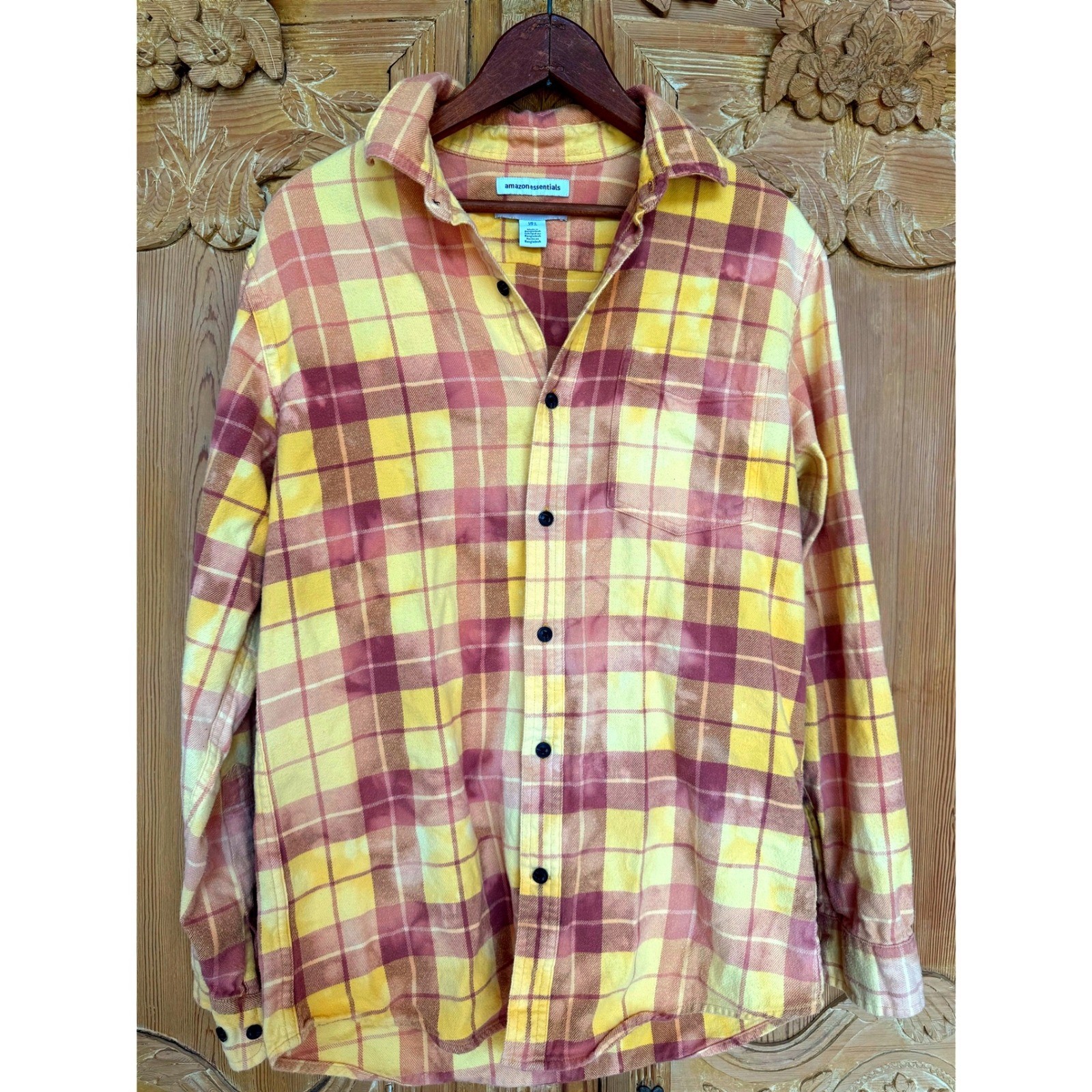 Upcycled Yellow Plaid Flannel Boxer Girl Patch Folk Art Shirt
