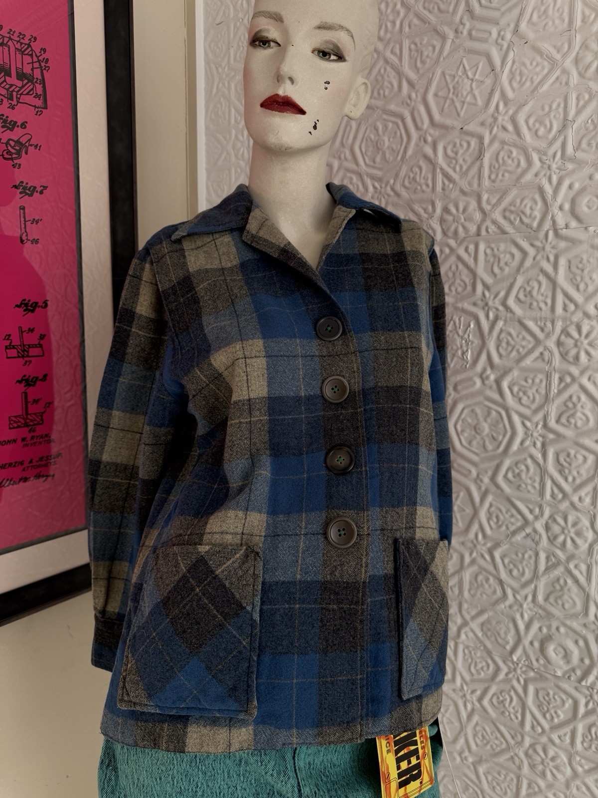True Vintage 1950s/1940s era pendleton style 49er jacket blue grey plaid S/M