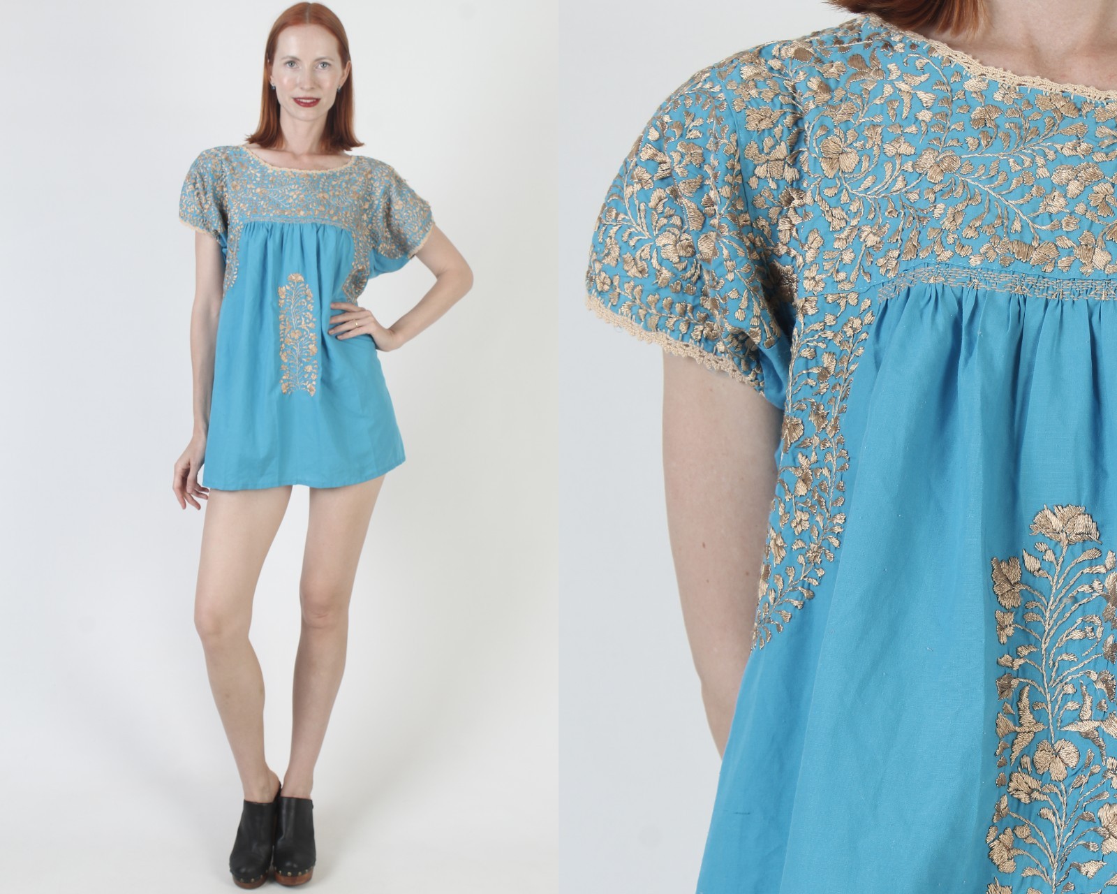 Turquoise Oaxacan Dress Floral Hand Embroidery Mexican Puebla Tunic Kaftan Top
