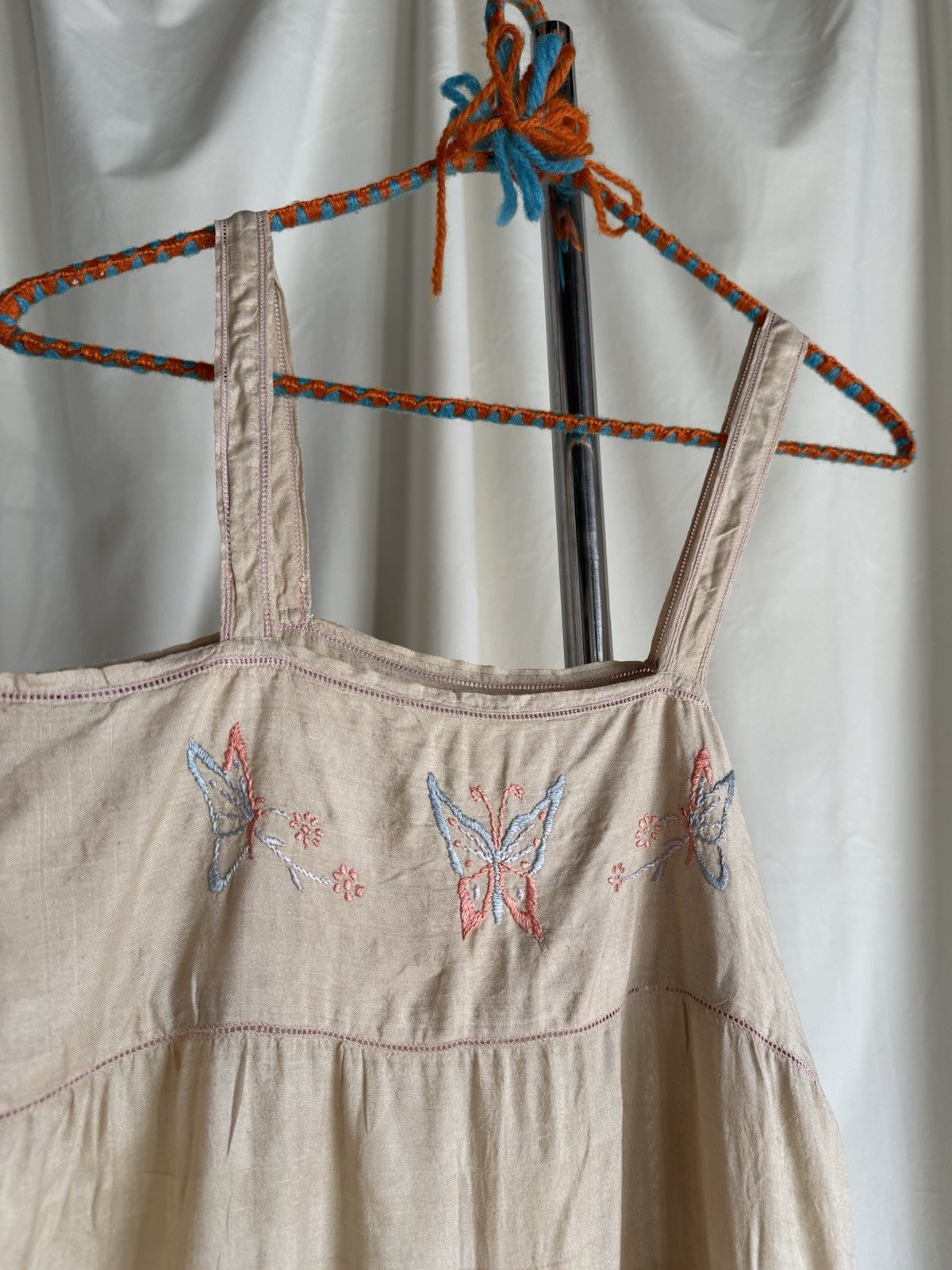 Antique 1920’s Pongee Slip Step-in Butterfly Embroidery Chemise Écru Silk Set