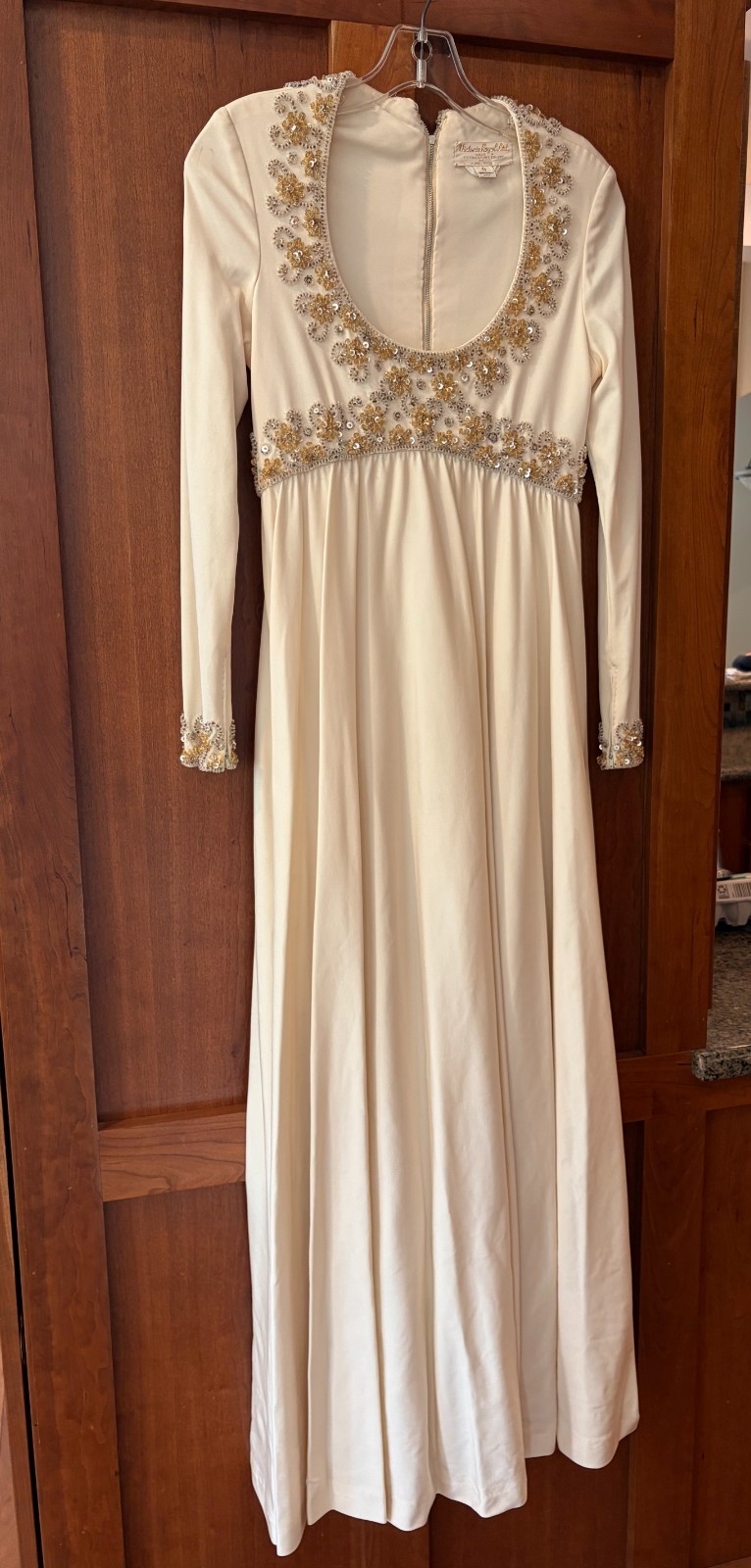 Vintage 60s Victoria Cream Ivory Beaded Scoop Neck Empire Waist Dress Gown SZ 8