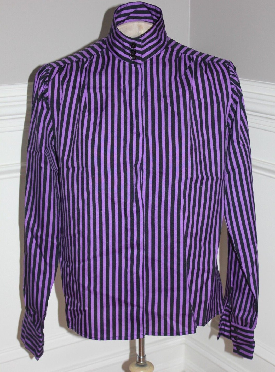 Vintage blouse Porsha black purple stripe secretary Beetlejuice high neck M 10