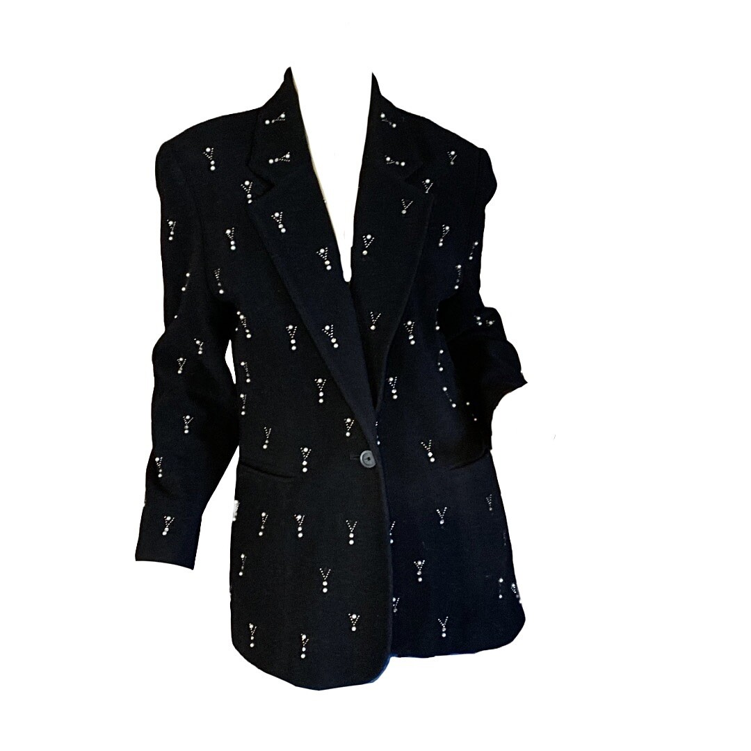 VINTAGE 1980&rsquo;S FOCUS 2000 BLACK WOOL & CASHMERE BLEND BEADED BLAZER SIZE 12