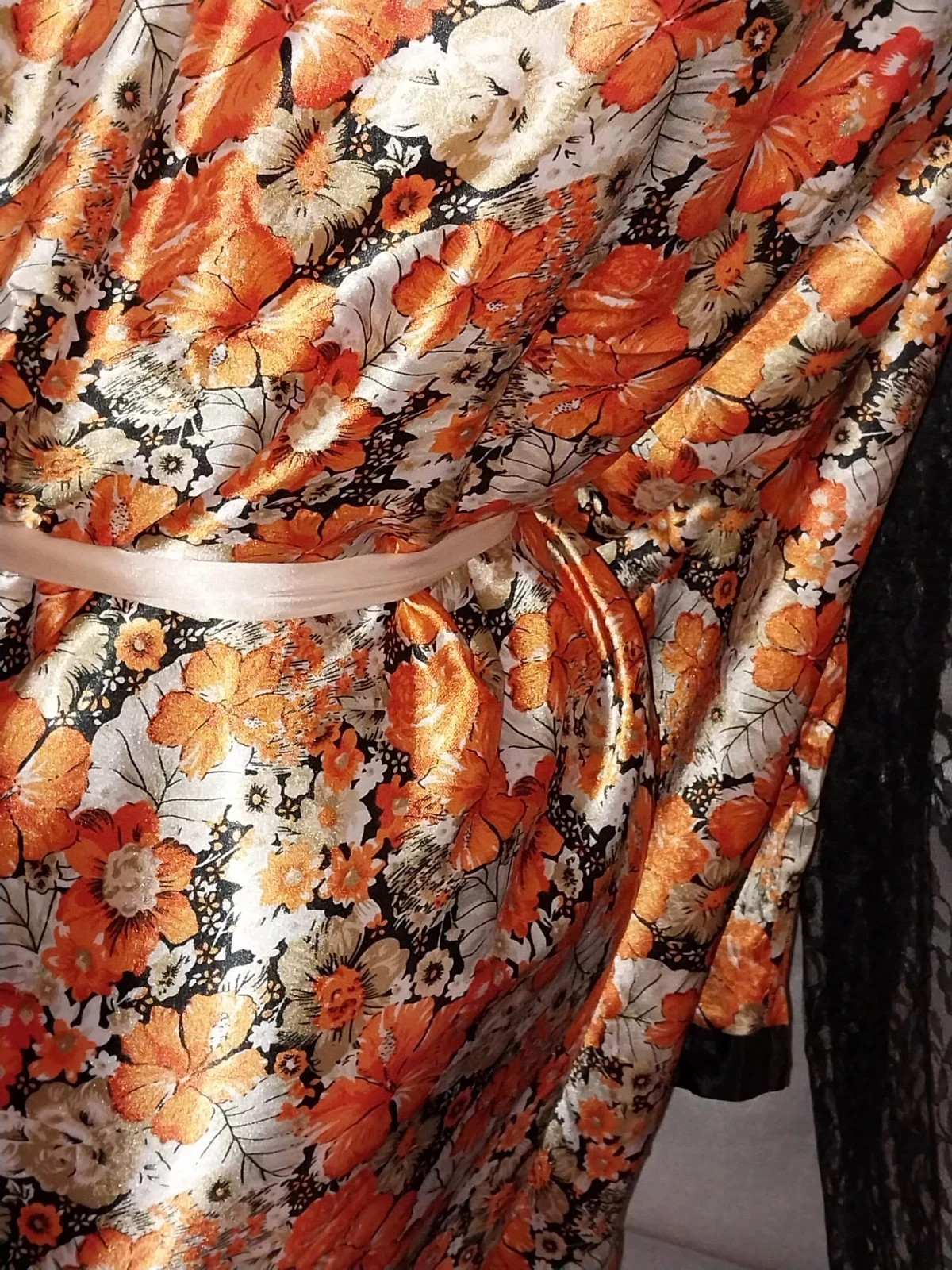 Vtg CAFTAN KIMONO SILVER ORANGE FLORAL LIQUID BALLON MAXI LONG DRESS GOWN 46 48