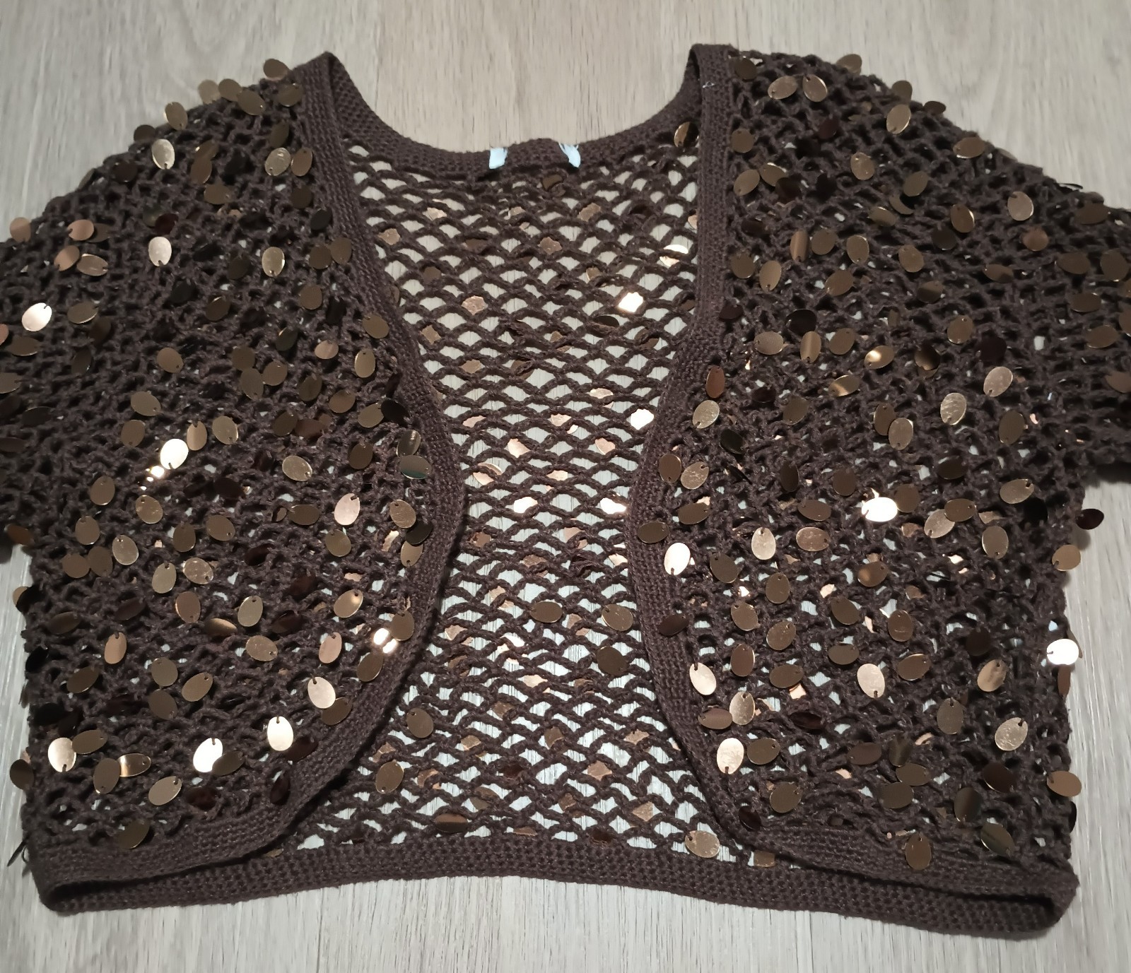 Vtg 90s Open Knit Stretch Brown Sequin Sparkle Open Bolero Cropped Jacket Top S