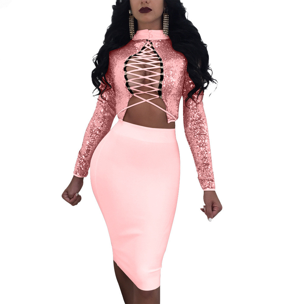 New Women Bandage Lace UP Hollow Out Sexy Turtleneck Sequined 2 Piece Top+Skirt