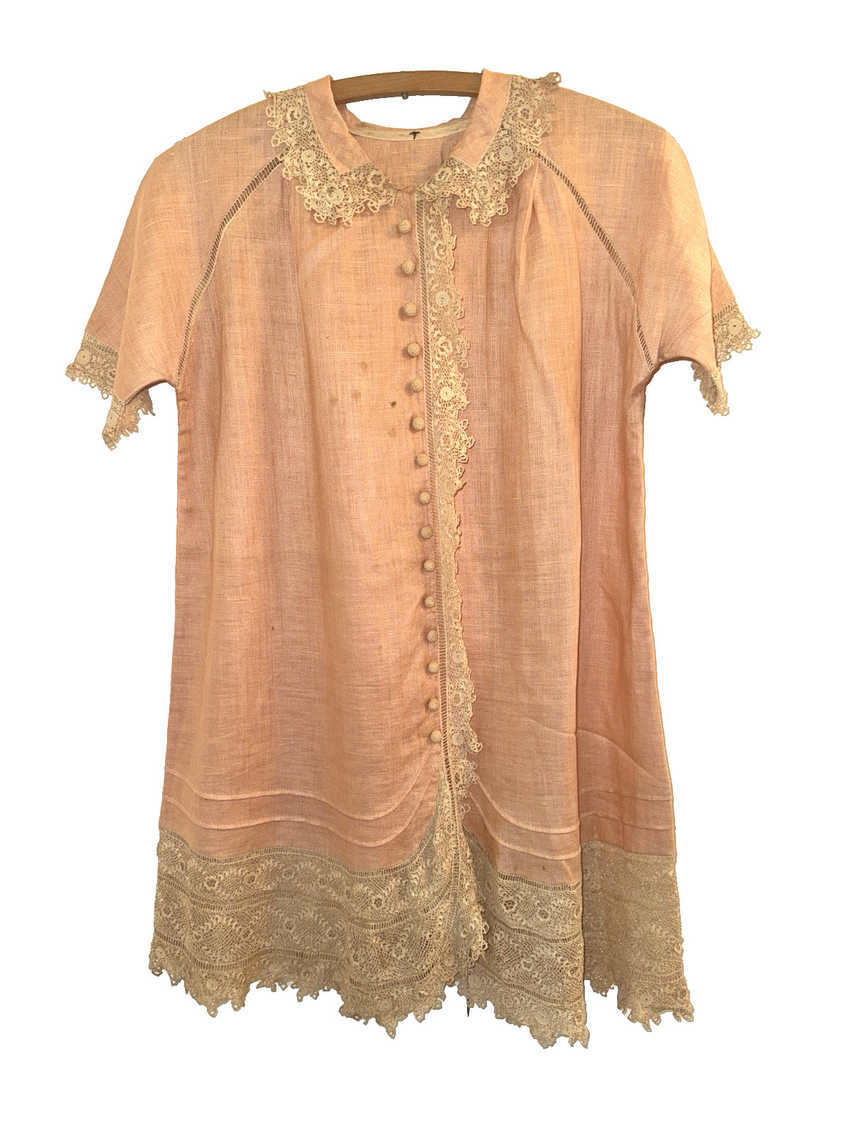 Vtg Antique Peach LINEN + LACE Button-Up Blouse MINI DRESS Robe 29&Prime; Victorian