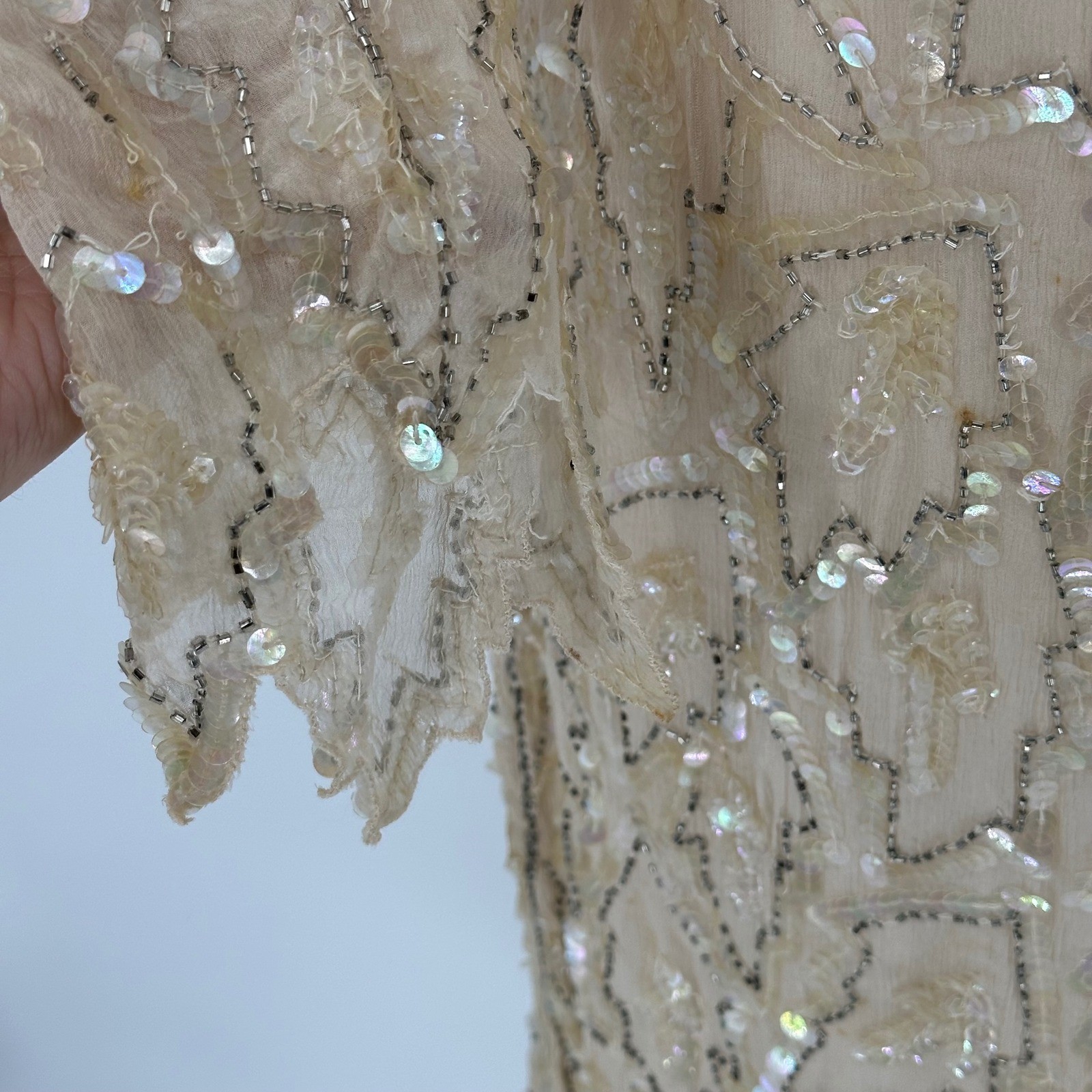 Vintage Whimsy Flapper Art Deco Swee Lo Champagne Silk Beaded Sequin Dress READ