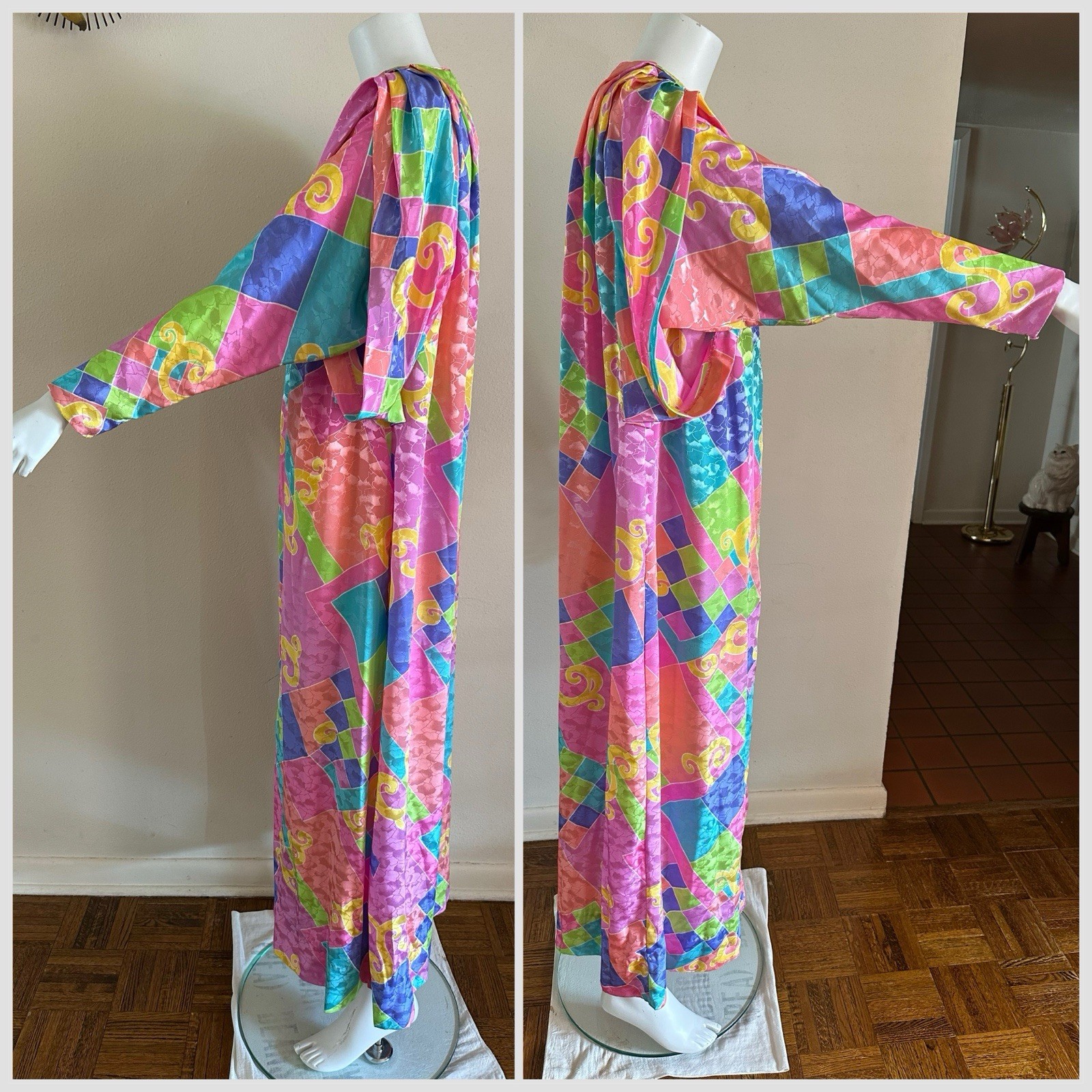 1980s David Brown Brocade Hostess Dress Maxi Resort Geometric Neon Deco Mumu VTG