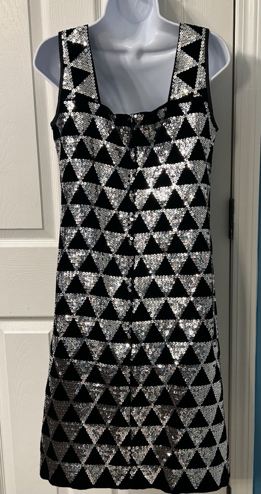 60s MOD Vintage Fredericks Black Silver Sequin Dress Party Gown Geometric Retro