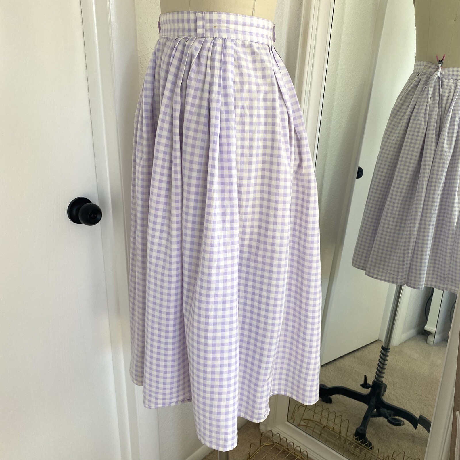 Vintage 50s Lavender Purple Full Gingham Skirt Cute Cottage Core 26&Prime; Waist
