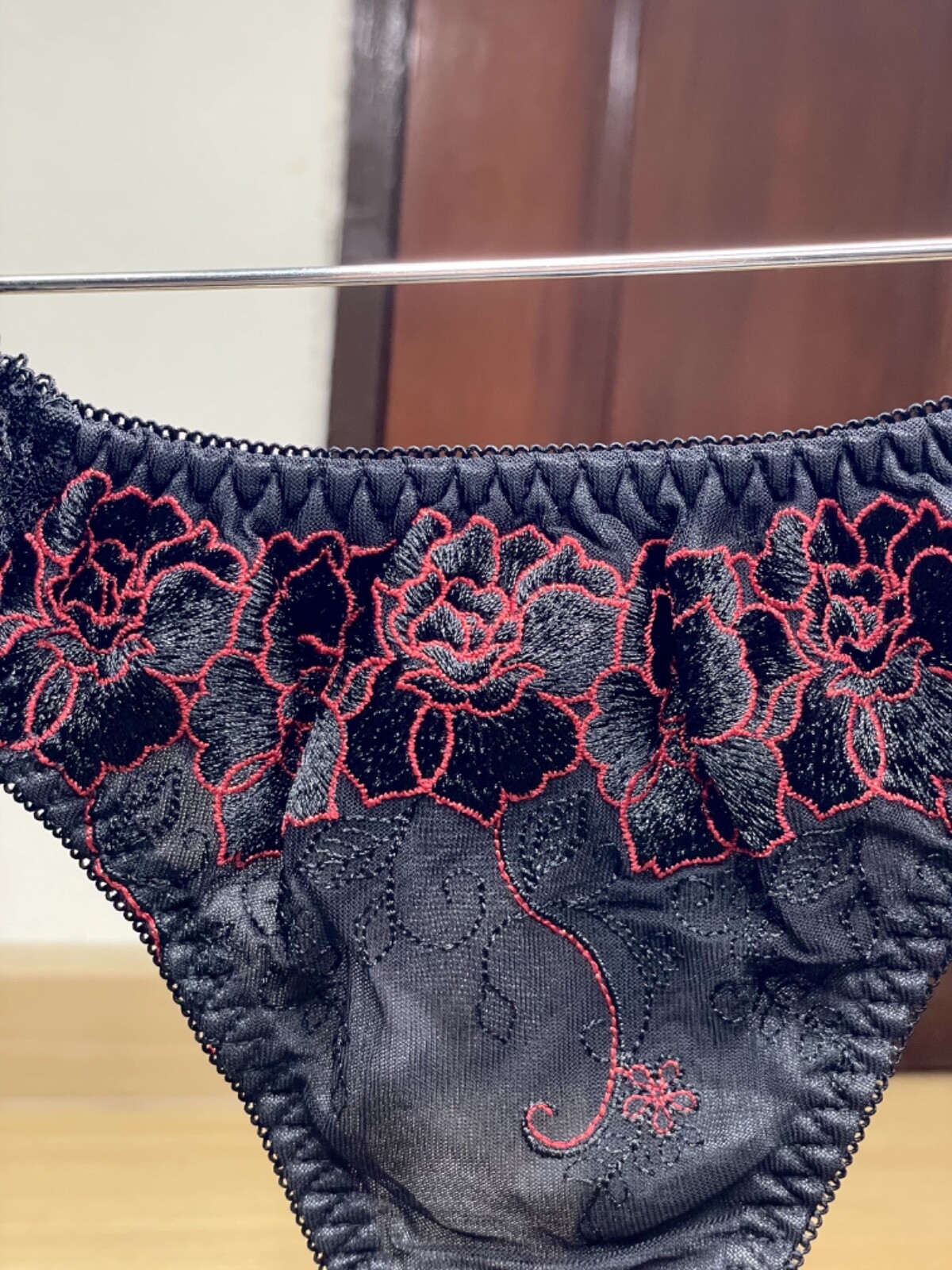 Vtg Deep Black Polyester Spandex String Panty Sz.5~6 Sheer Floral Lace Briefs