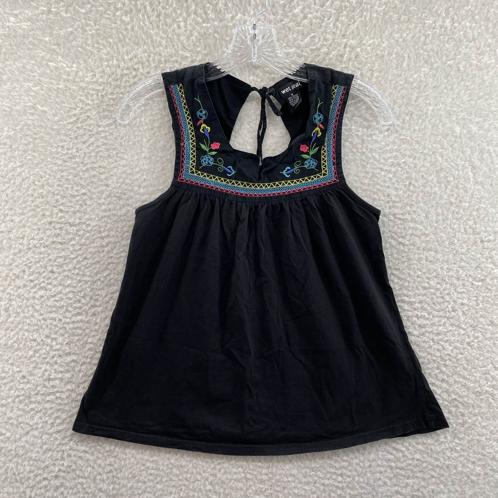Y2K Vintage Wet Seal Top Medium Black Floral Embroidered Boho Bohemian
