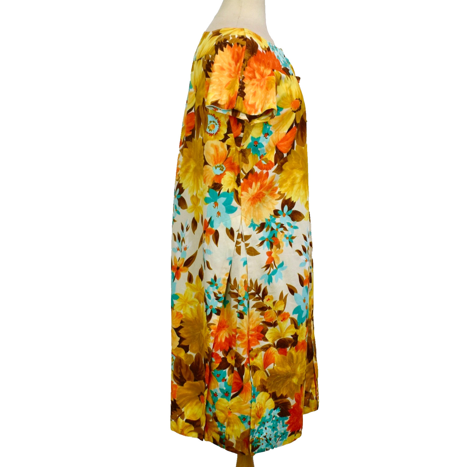 Vtg 60s HAWAIIAN TOGS Day Dress M-L Colorful Orange Teal Floral