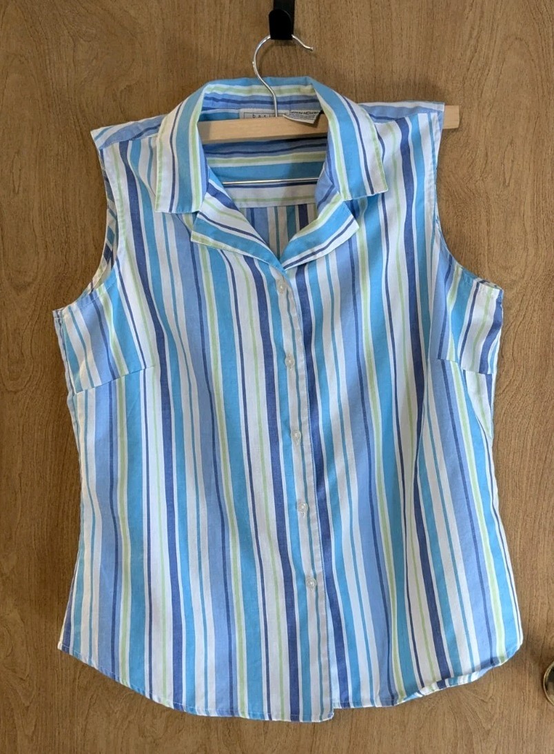 Vintage 1990s Women’s Striped Sleeveless Button Down Shirt Spring Summer Medium