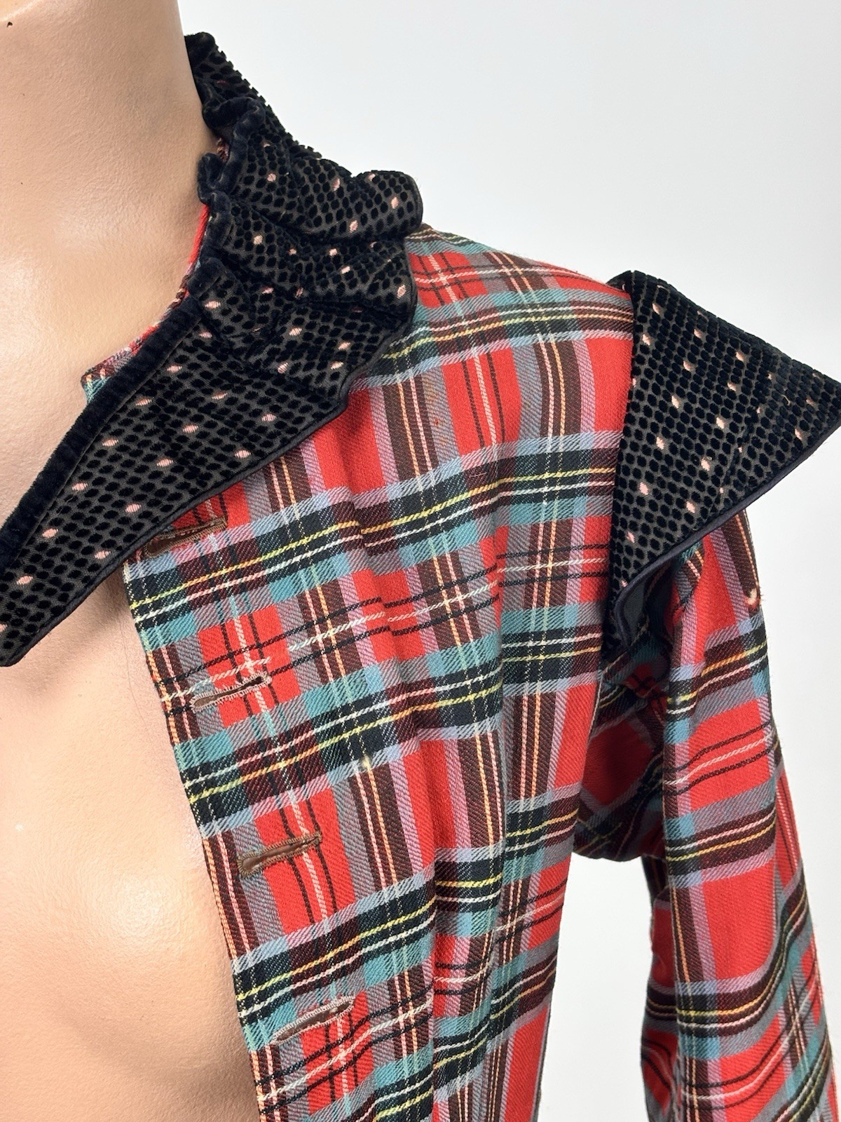 Antique Victorian Walking Coat Plaid Red Green Black Yellow Burnout Velvet AS IS