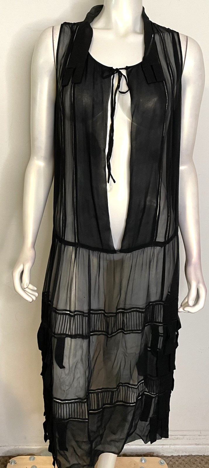 Antique 20s 30s Sheer Black Silk Dress Vest Layering Overlay Art Deco