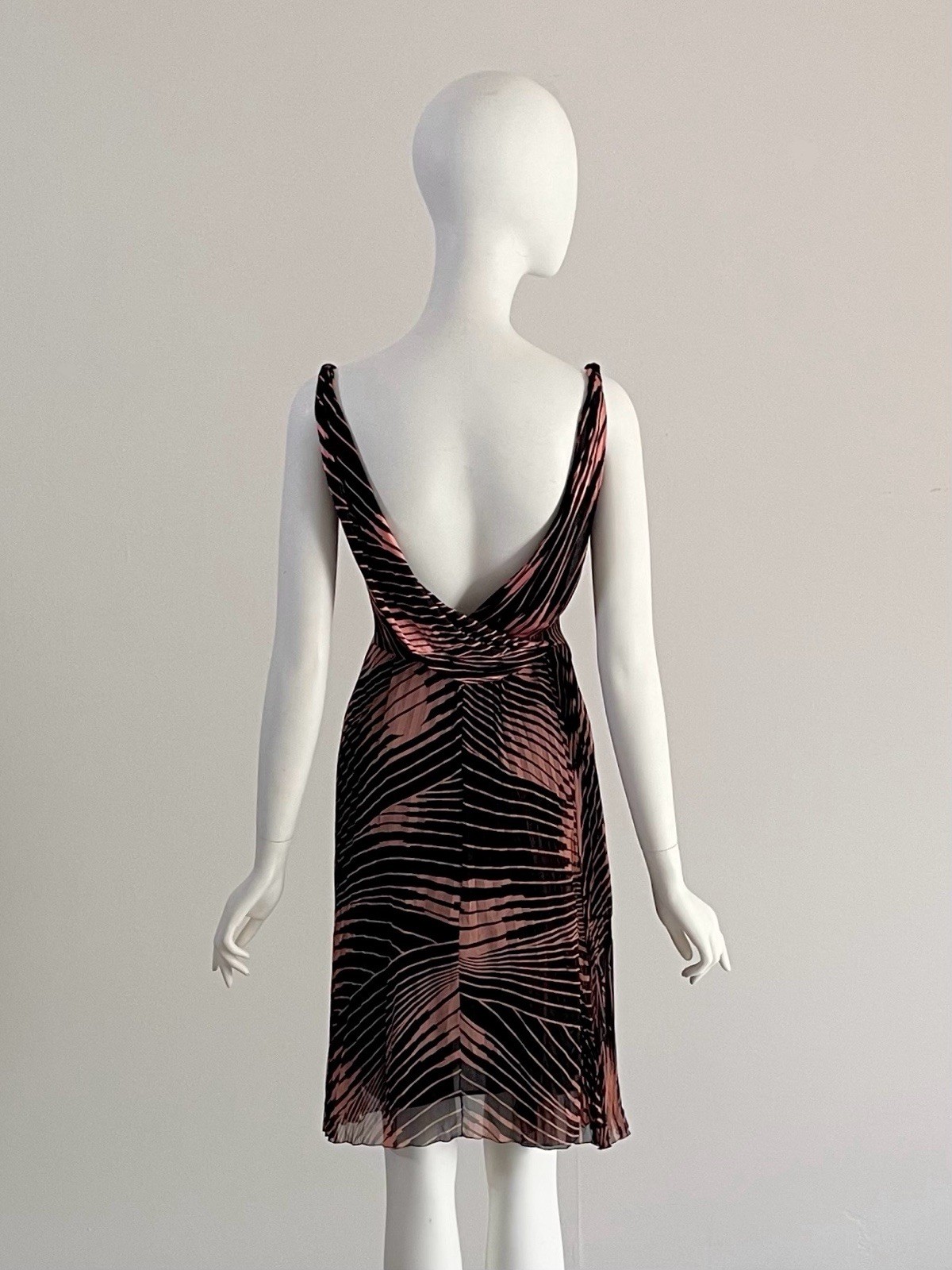 Vintage S/S 2000 Gianni Versace Pleated Black Orange Plunge V Dress Bodysuit XS