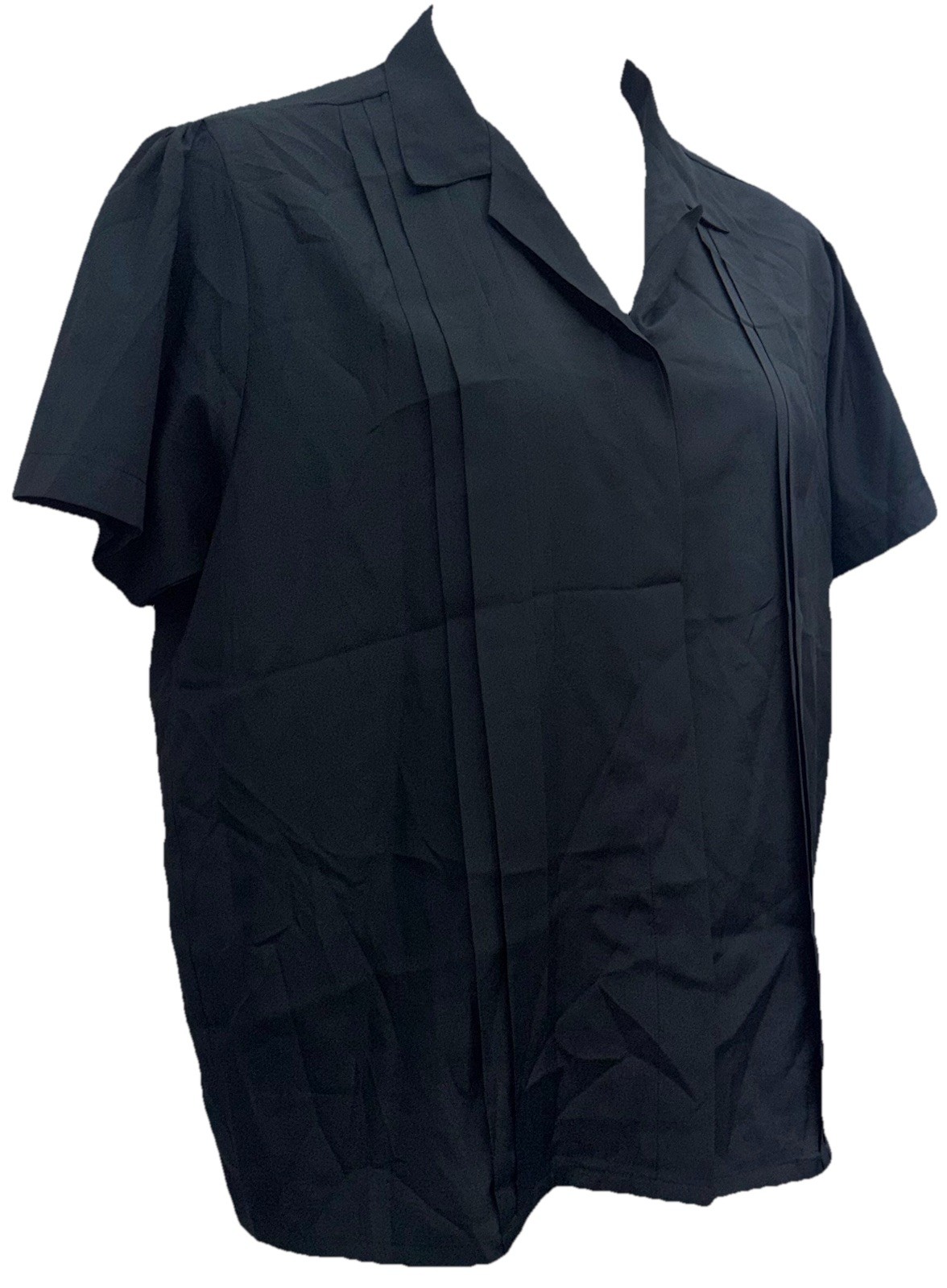 Vintage Cachet Women Size XL Button Up Short Sleeve Collared V-Neck Blouse Black