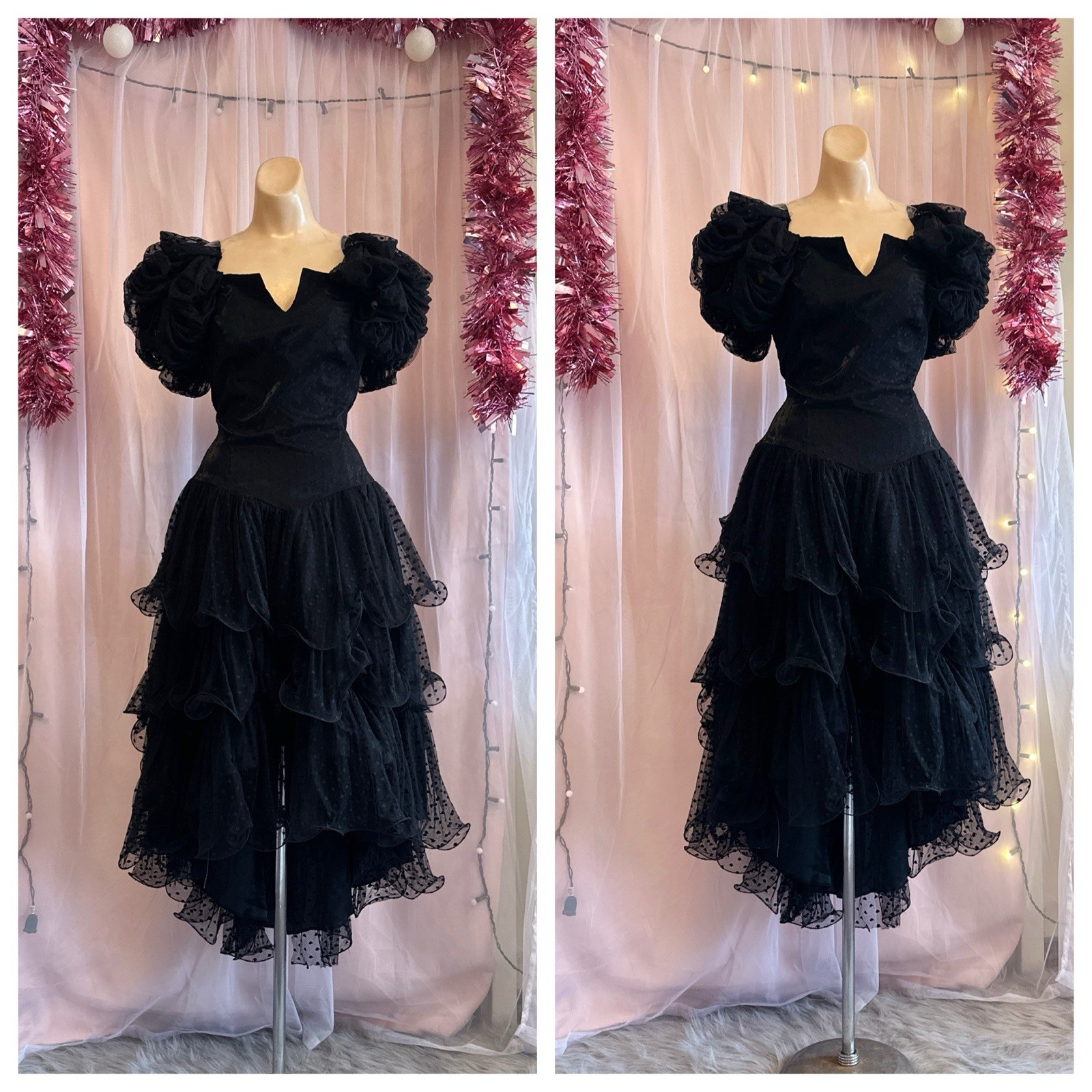 Vintage 80s Black Flamenco Style Dress Ruffles Sleeveless Party Formal S