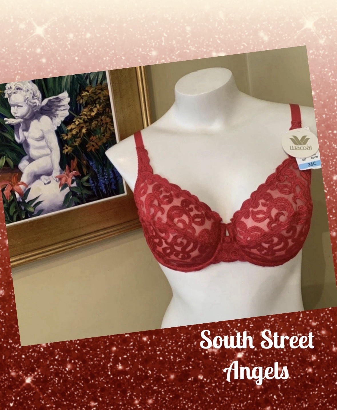 VINTAGE WACOAL 85199 ~ RED ARABESQUE SEMI SHEER FULL FIGURE UNDERWIRE BRA 36C