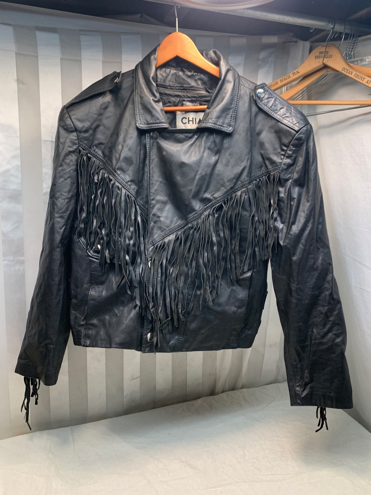 Vintage Chia Fringed Black Leather Biker Motorcycle Moto Jacket Insulated Liner