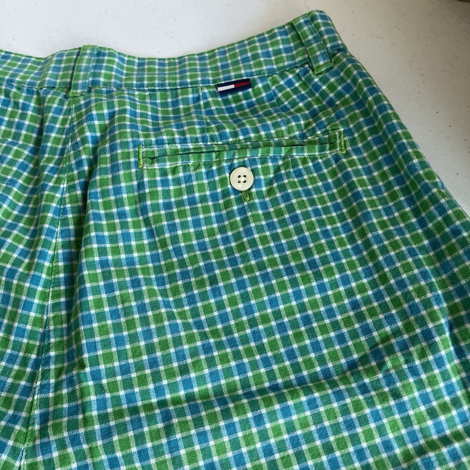 VTG Tommy Hilfiger SZ 8 Blue Green Tattersail High Waist Short Pleat Front Golf