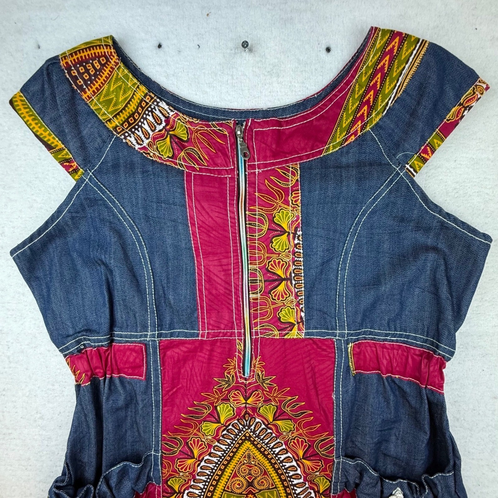 Denim Patchwork Dress Tribal Print Zip Front Pockets homemade boho artisan RARE