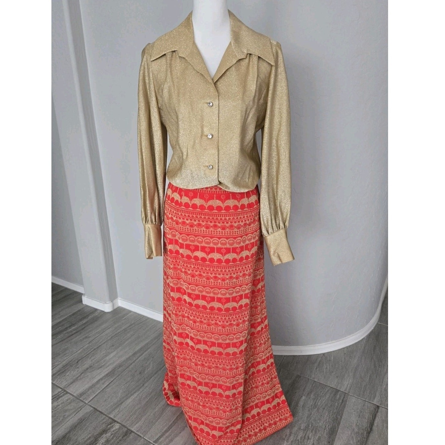 Vintage 1960s Mod Nelly De Grab NY Gold Metallic Blouse Maxi Skirt Set Sz 12