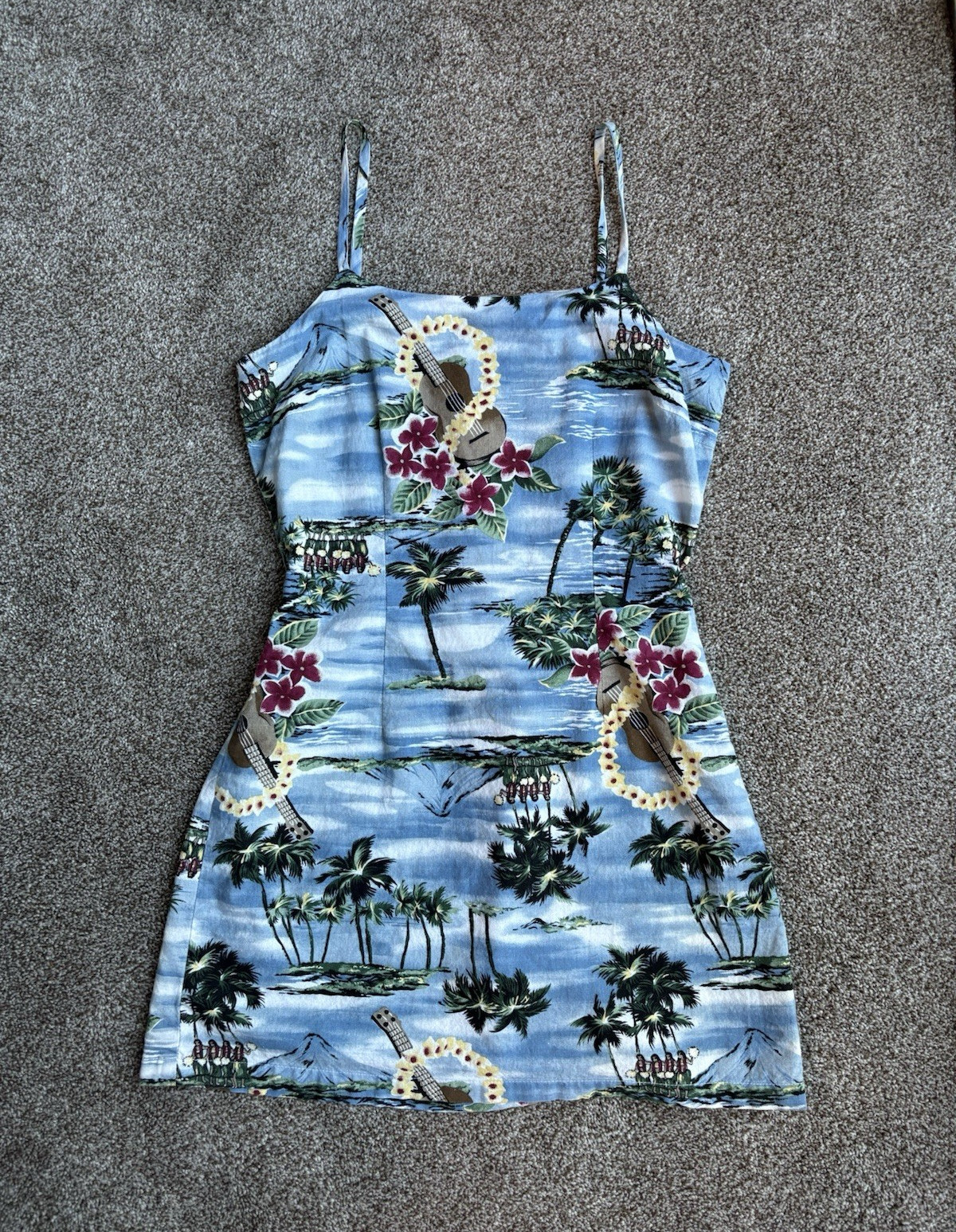 Vintage 90’s/2000’s Hawaiian Print Aqua Blues Sleeveless Mini Dress