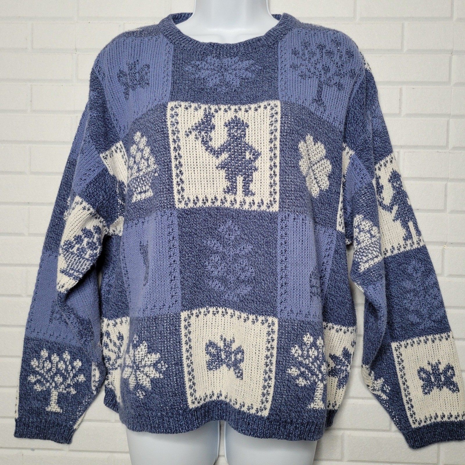 Vintage 1980 Cotton Sweater Novelty Colonial Patchwork Sz XL Shenandoah Cottage
