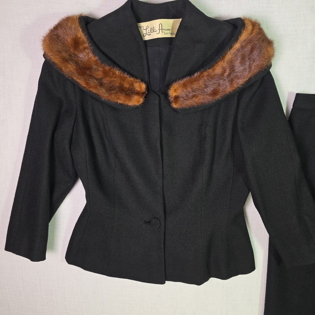 Vintage Lilli Ann Black Wool Suit Set w Genuine Fur Collar 2 Pc Small