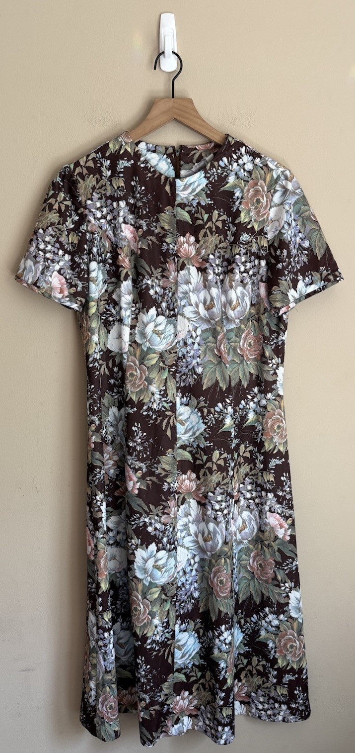 Dress Vintage 70s Handmade Day House Brown Floral Print Poly Womens Size XL